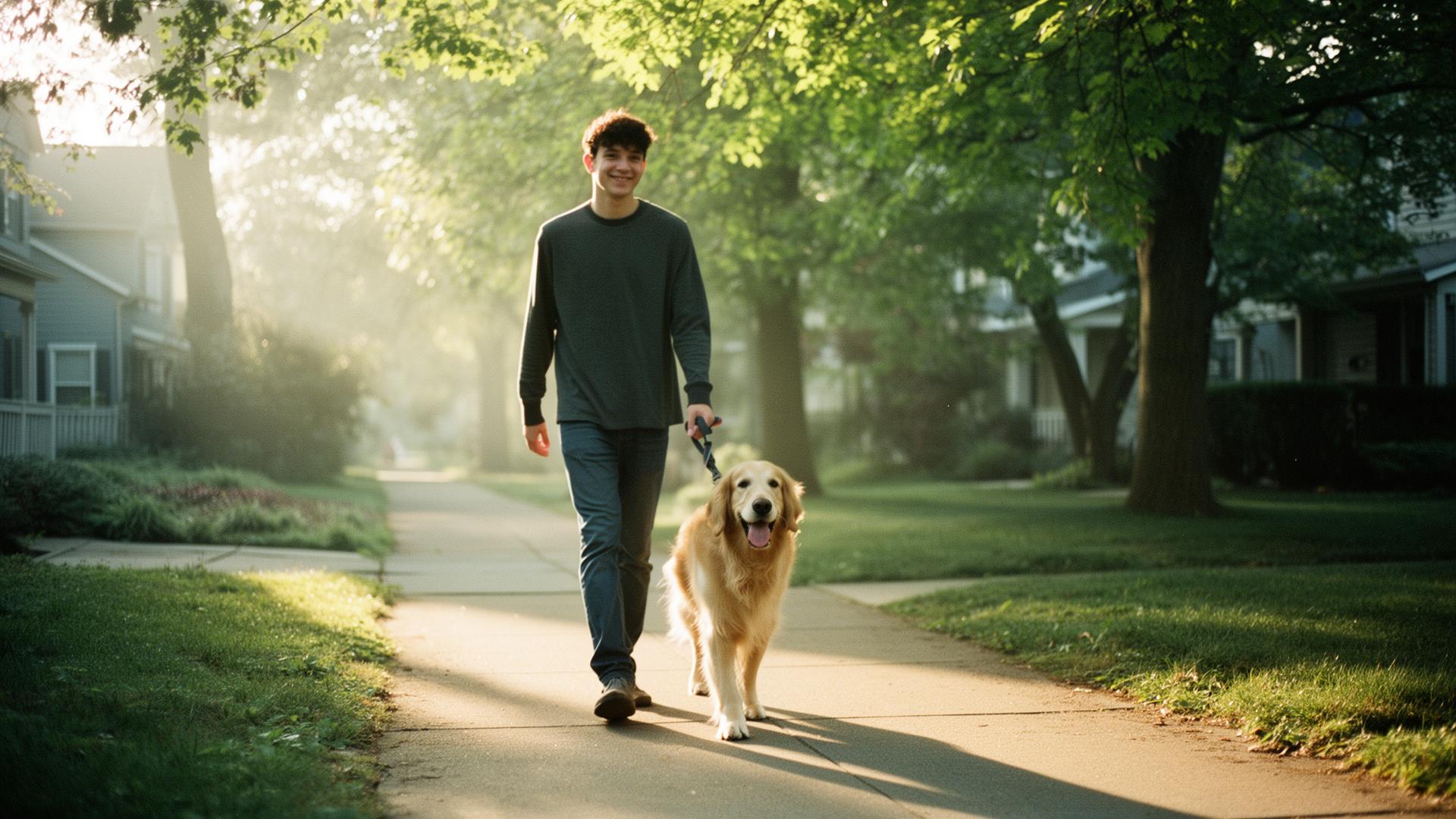 A friendly walk through the neighborhood with a golden retriever